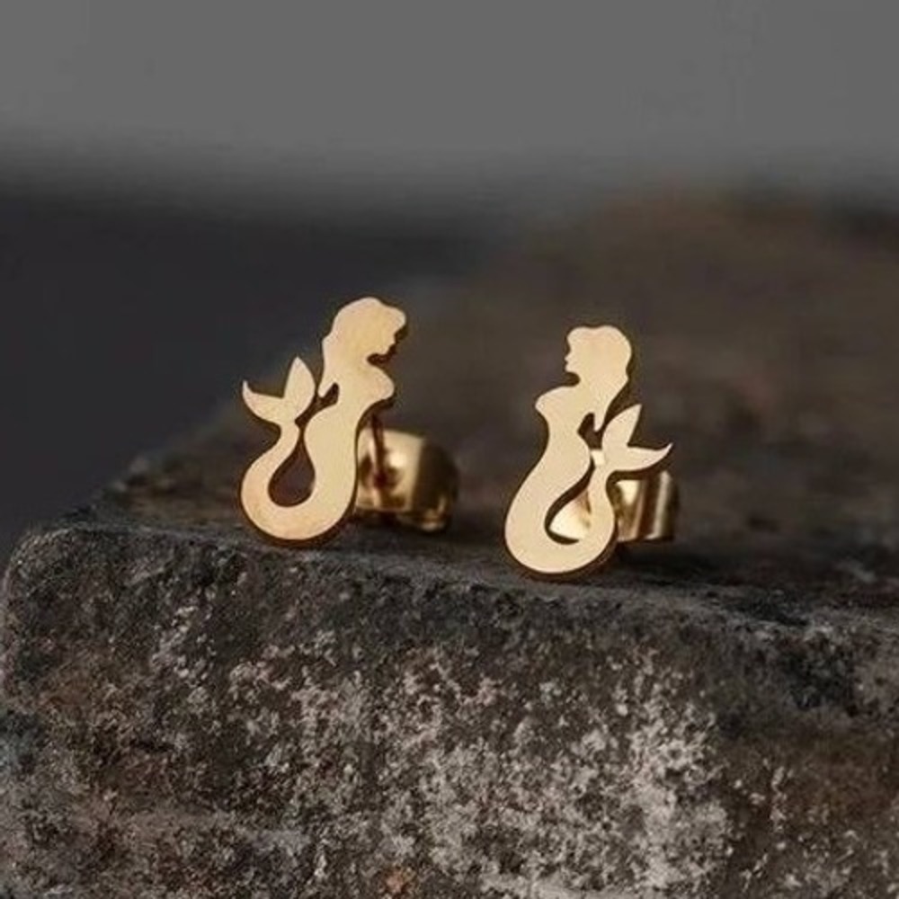 Gold Mermaid Earrings Stud Silhouette Ocean Sea Mythical‎ Cute Stainless Steel